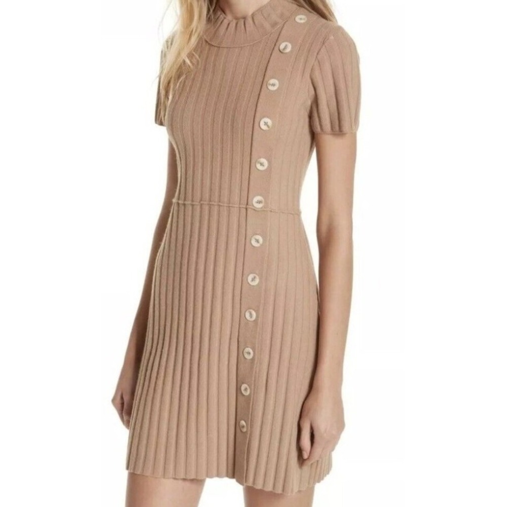 Free People Women's Knit Mini Dress Mock Neck Short Sleeve Button Detail‎